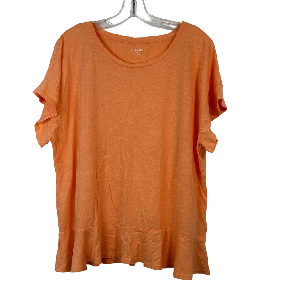 Lands End Orange Slub Knit Peplum Top Womens XL 18 Short Sleeve Scoop Neck Shirt